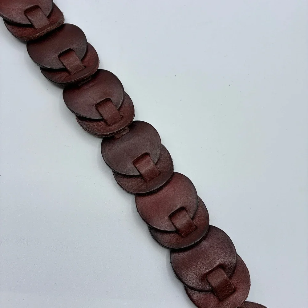 Fossil Brown Leather Belt Womens S Linked Disc Antique Brass Boho Festival